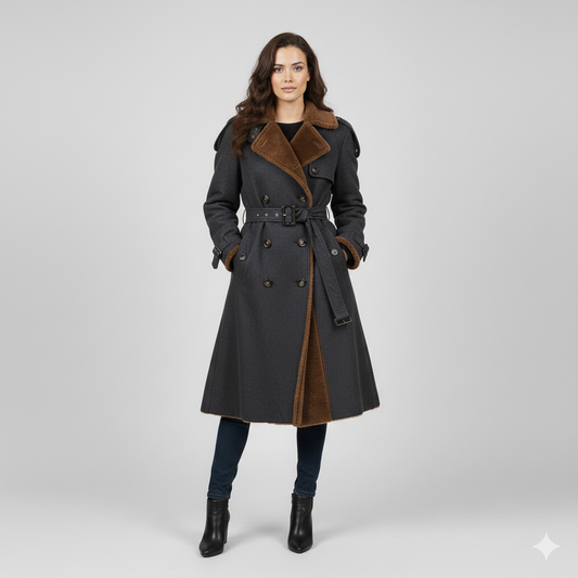 Women's charcoal grey wool-blend trench coat with a brown shearling lining and belted waist.