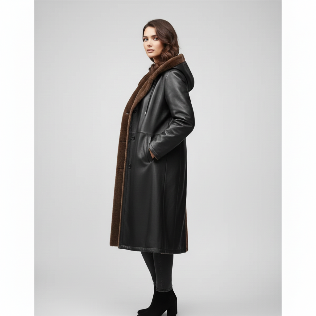 Model wearing a sophisticated black hooded leather coat with brown fur.