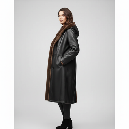 Model wearing a sophisticated black hooded leather coat with brown fur.