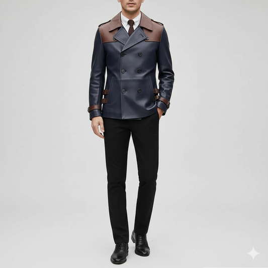 Men's midnight navy leather peacoat with chestnut brown contrast shoulders and lapels.