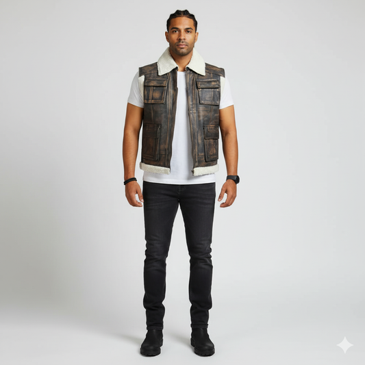 Full-length photo of a man in a brown shearling leather vest with four large front flap pockets, over a white t-shirt."