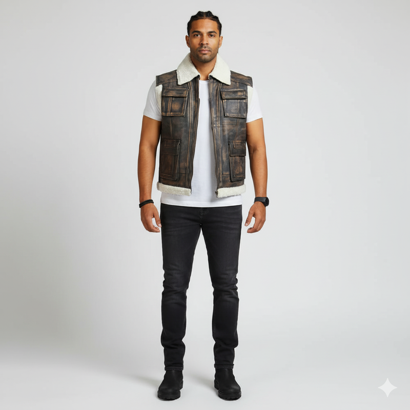 Full-length photo of a man in a brown shearling leather vest with four large front flap pockets, over a white t-shirt."