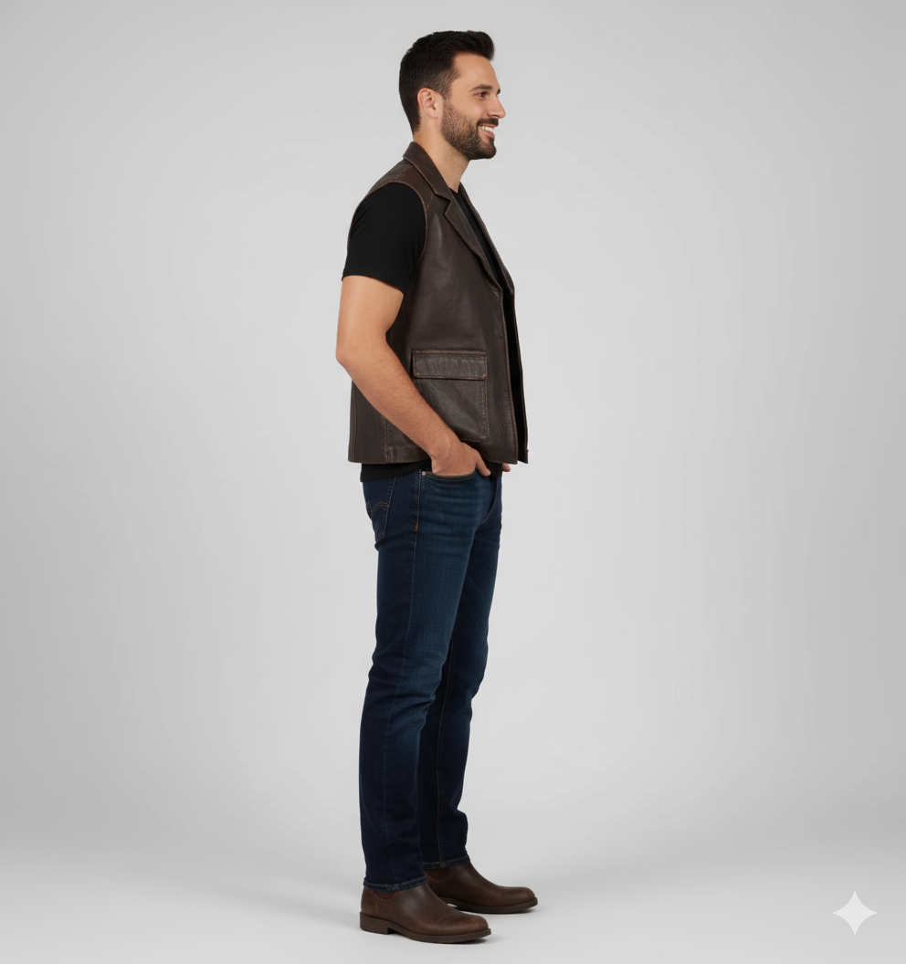 Adventurer or Western-style brown leather waistcoat featuring a unique ammo belt or cartridge pocket detail on the chest.