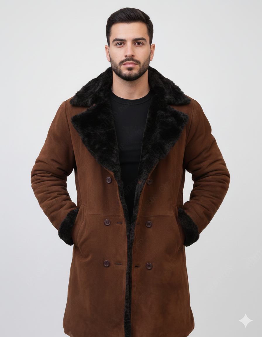Double-breasted suede winter overcoat for men featuring black fur-trimmed cuffs and tonal brown buttons.