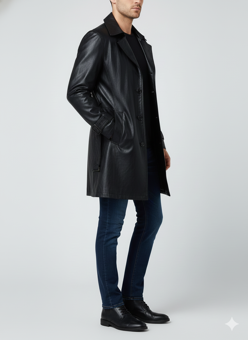 Male model wearing a luxury black leather trench coat
