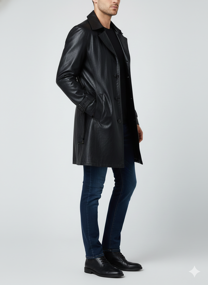 Male model wearing a luxury black leather trench coat