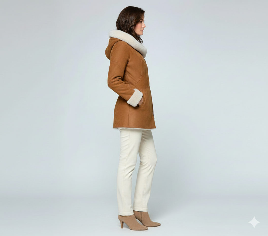 Model wearing a sophisticated tan hooded winter coat 