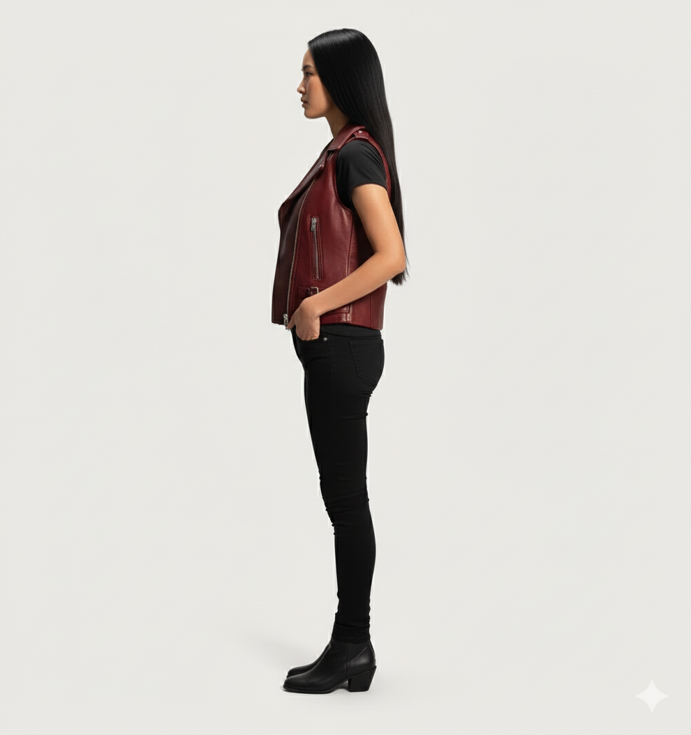 Women's burgundy leather biker vest with asymmetrical zip, lapel collar, and adjustable side buckles.