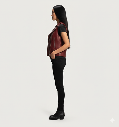 Women's burgundy leather biker vest with asymmetrical zip, lapel collar, and adjustable side buckles.