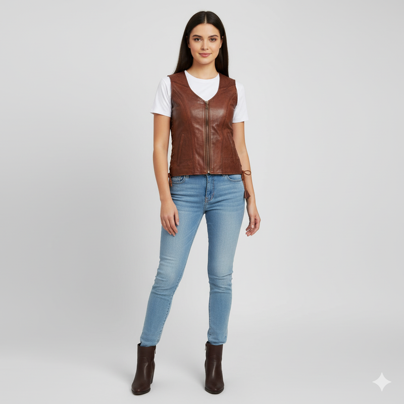 Women's brown  leather V-neck vest with a full-length front zipper and decorative/adjustable lacing on the sides.