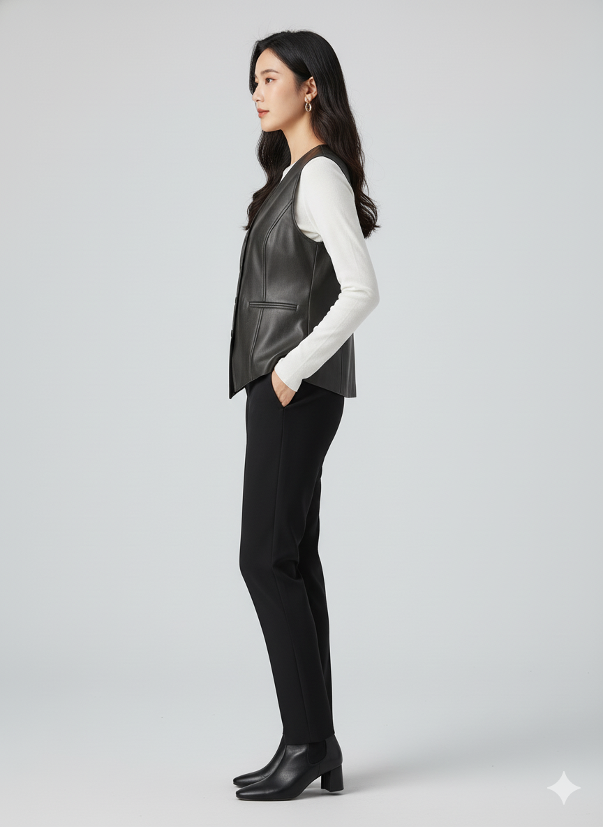 Sleek V-neck waistcoat in charcoal leather, fastened with dark buttons, styled for professional wear.