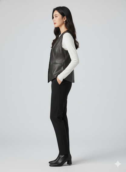 Sleek V-neck waistcoat in charcoal leather, fastened with dark buttons, styled for professional wear.