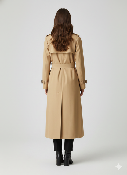 Detail view of the black buckle and tonal stitching on a premium khaki cotton heritage trench jacket.