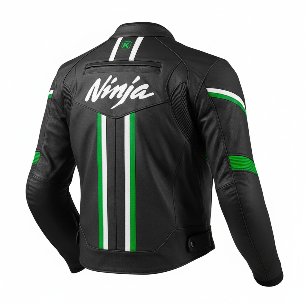 Detailed view of the Kawasaki chest branding, accordion stretch panels at the elbows, and professional leather construction on a tri-color jacket.