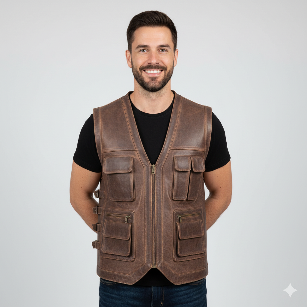 Close-up showing the texture of the distressed brown leather, the metal zipper, and the side buckle adjustments.