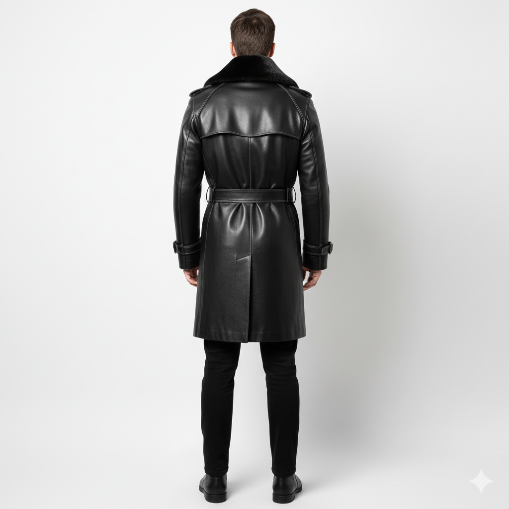 Close-up of the metallic belt buckle and contrast stitching on a premium men's black leather duster.