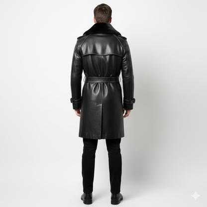 Close-up of the metallic belt buckle and contrast stitching on a premium men's black leather duster.