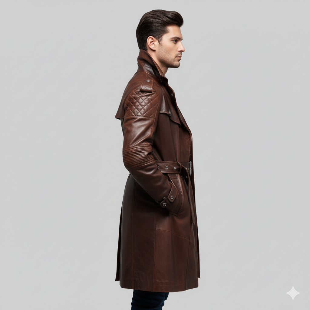 Male model wearing a vintage-style brown leather belted trench coat