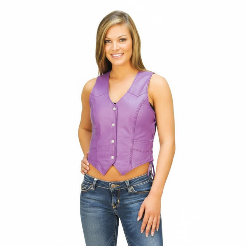 Women's vibrant purple leather vest with a v-neck, button-front closure, and adjustable lace-up detailing on the sides.