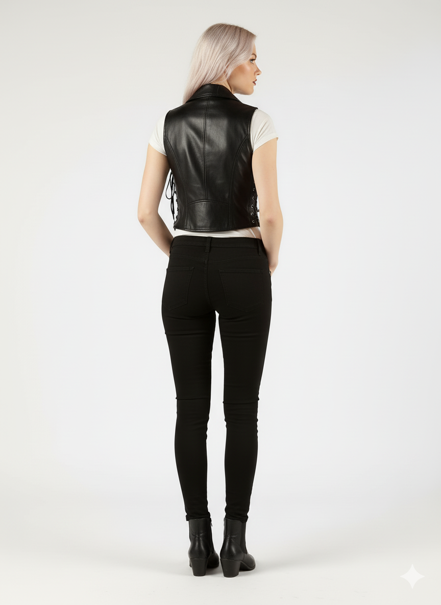 Fitted black vest with wide notched lapels, silver snaps, and decorative lacing along the side seams.