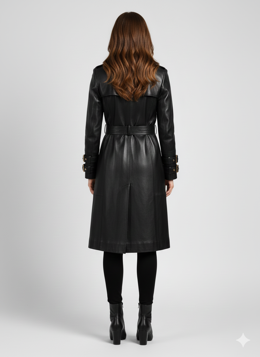 Close-up of the polished gold-toned dome buttons and buckled belt on a premium black vegan leather trench jacket.