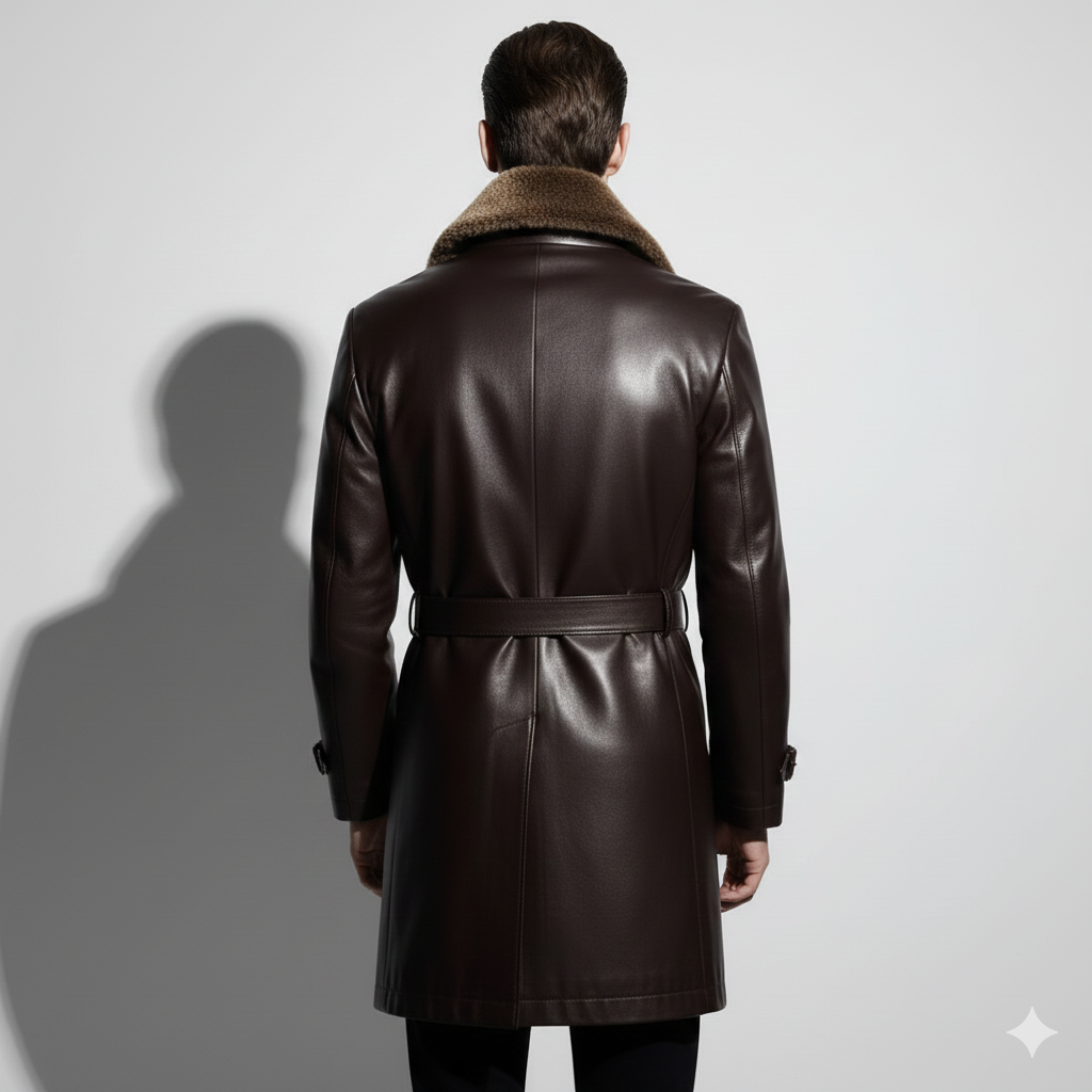 Close-up of the smooth mahogany leather texture and tonal buttons on a premium men's winter coat.