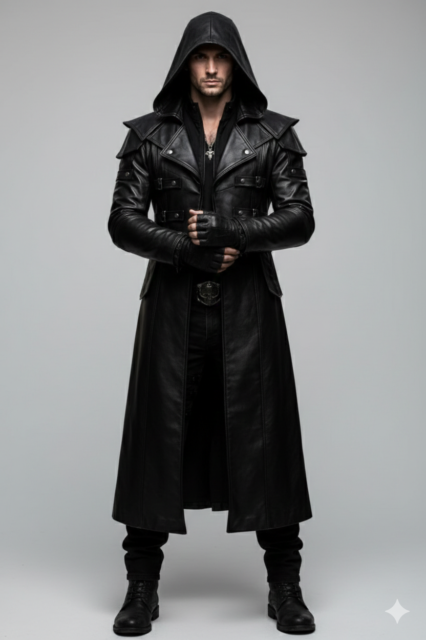 Men's obsidian black tactical hooded leather duster coat with modular shoulder panels and buckles.