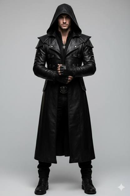 Men's obsidian black tactical hooded leather duster coat with modular shoulder panels and buckles.