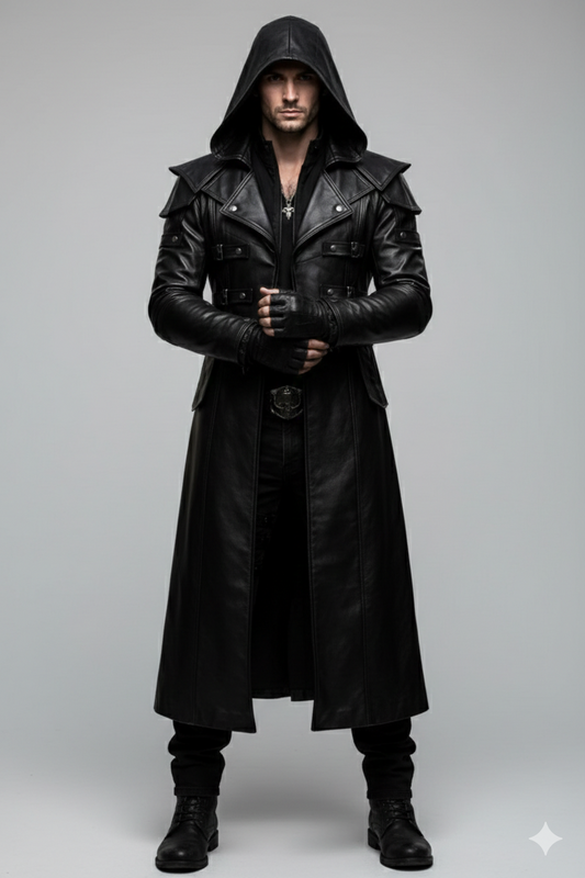 Men's obsidian black tactical hooded leather duster coat with modular shoulder panels and buckles.