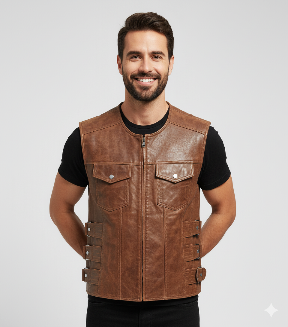 Full-length photo of a man wearing a dark brown leather vest with thick tan shearling collar and trim over a black sweater.