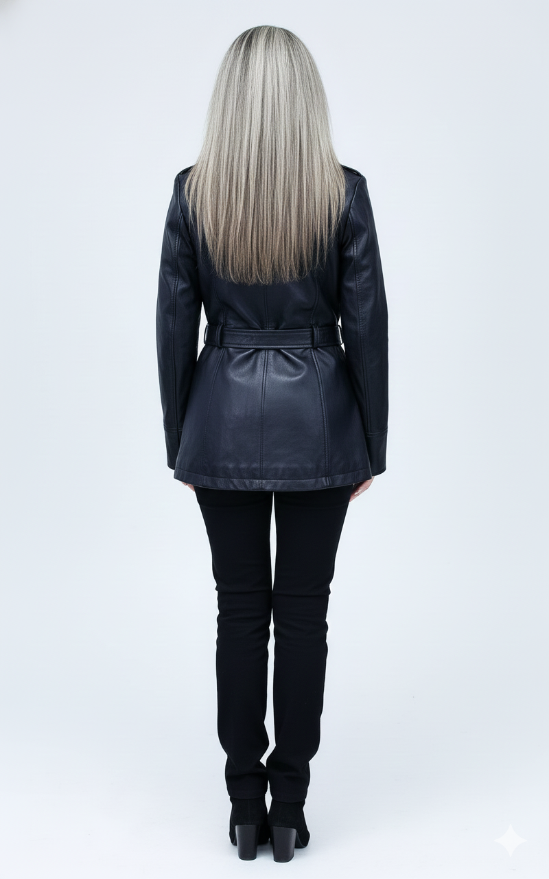 Close-up of the intricate horizontal quilting on the sleeves and the matte leather finish of a luxury trench.