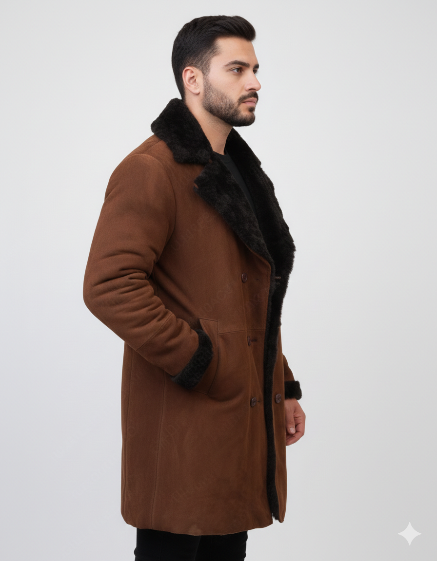 Male model wearing a luxury chestnut suede shearling-lined coat