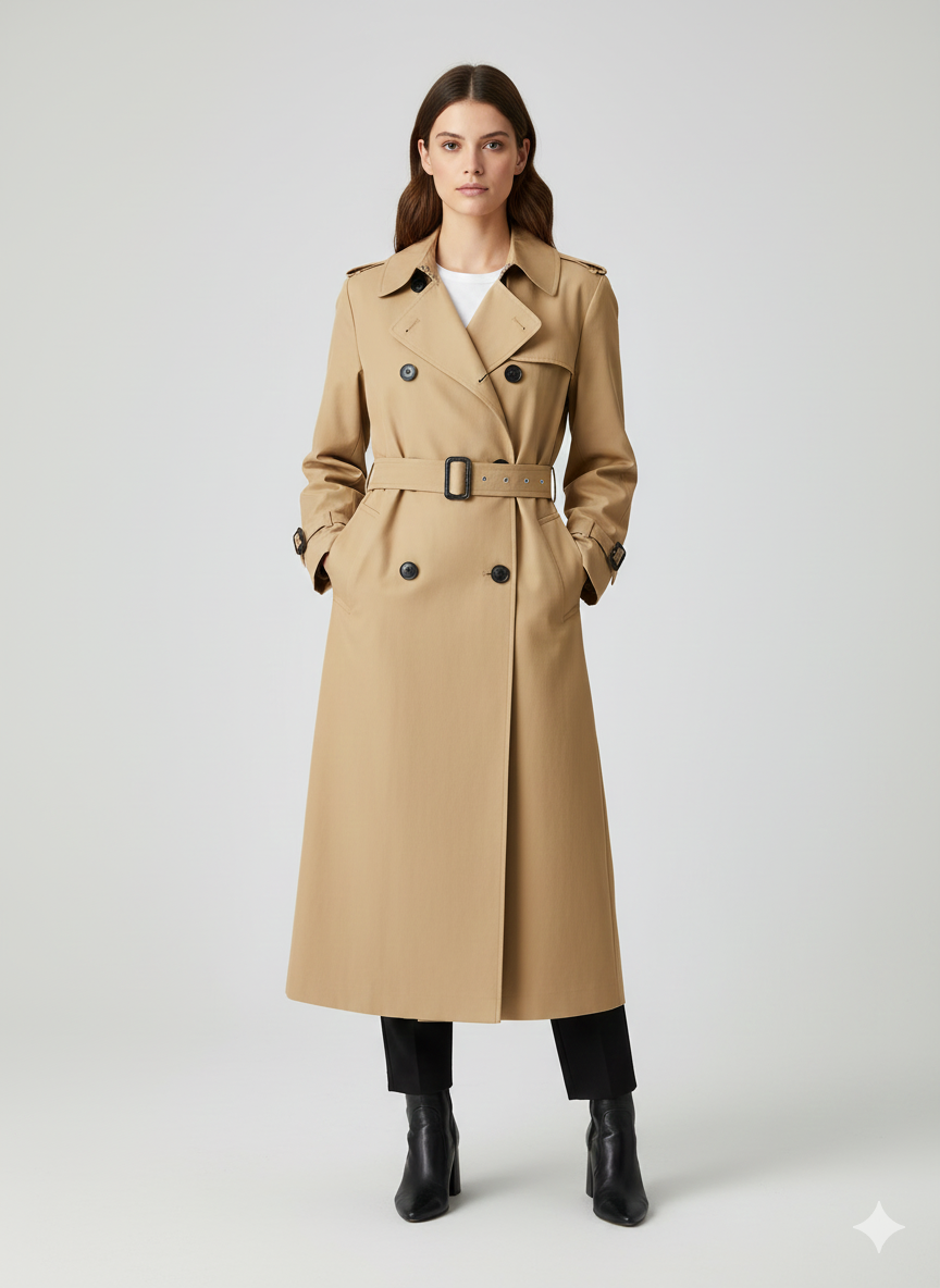 Women's classic khaki cotton trench coat with a double-breasted front and buckled waist belt.
