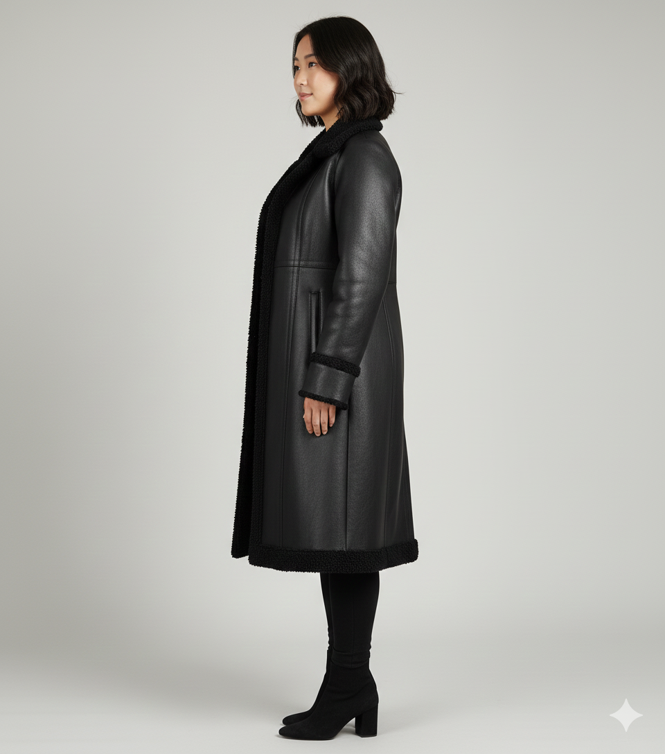 Model wearing a sophisticated black shearling-trimmed coat over a black top and leggings.