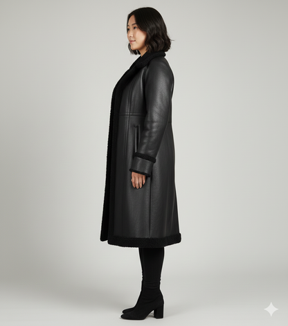 Model wearing a sophisticated black shearling-trimmed coat over a black top and leggings.