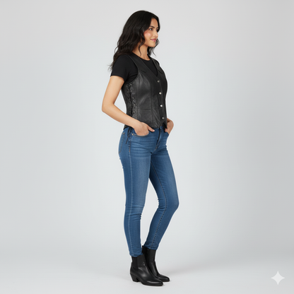 Classic black V-neck vest with silver snap buttons and adjustable side ties for a tailored, edgy look.