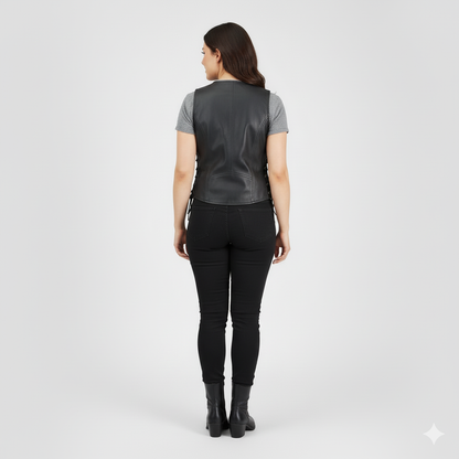 Black vest with a diagonal zip, highlighting the trio of silver buckles running down the torso.