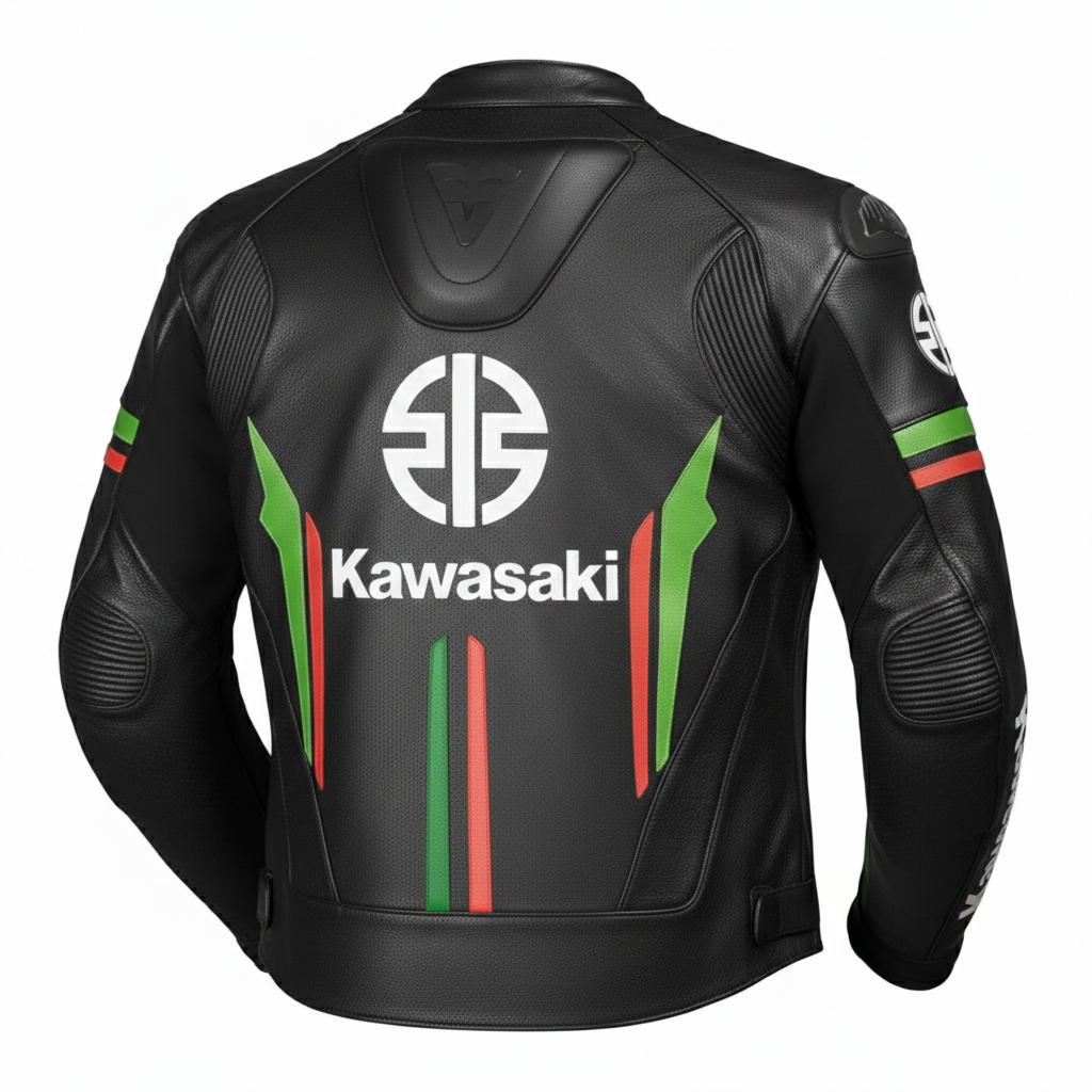 Detailed view of the Kawasaki chest logo, perforated leather panels, and racing sponsor branding on a professional jacket.