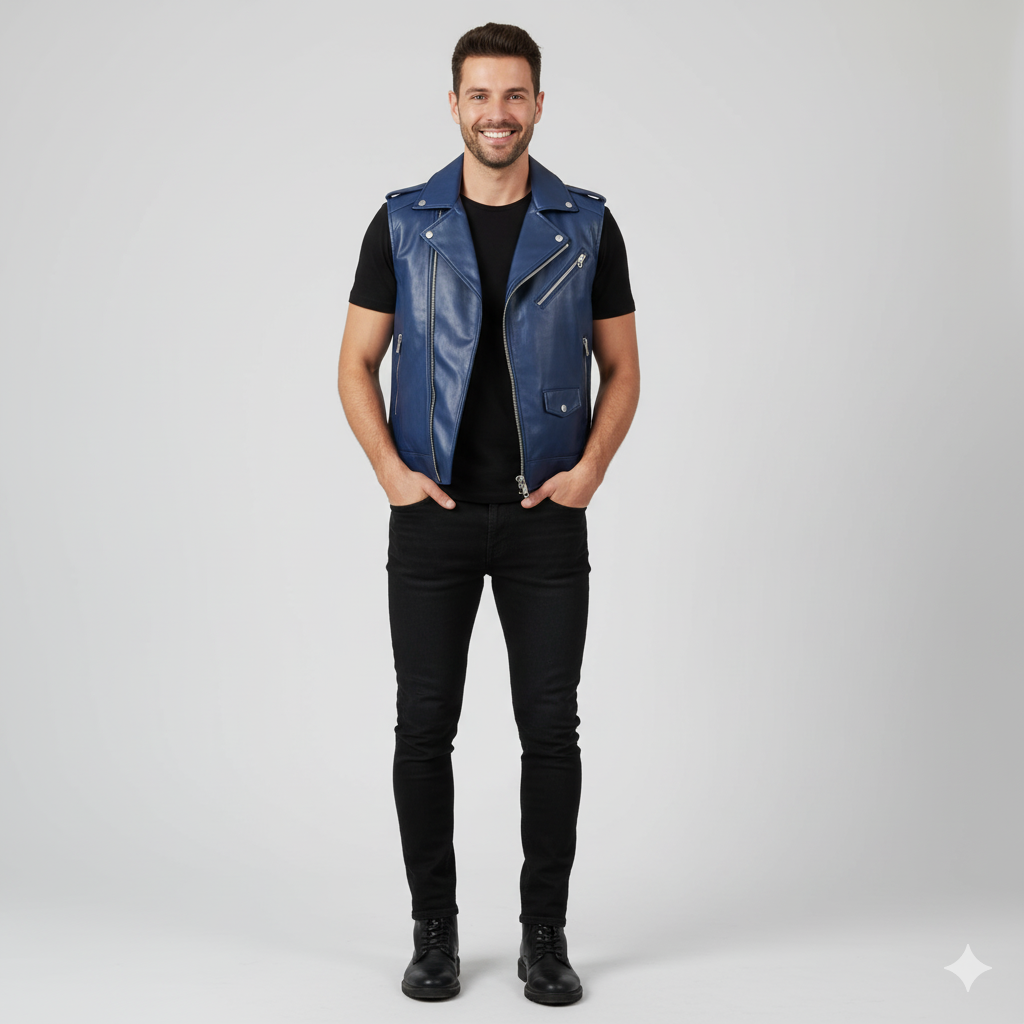 Men's blue leather biker vest with asymmetric zipper, silver-tone hardware, and classic snap-down lapels.