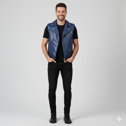 Men's blue leather biker vest with asymmetric zipper, silver-tone hardware, and classic snap-down lapels.