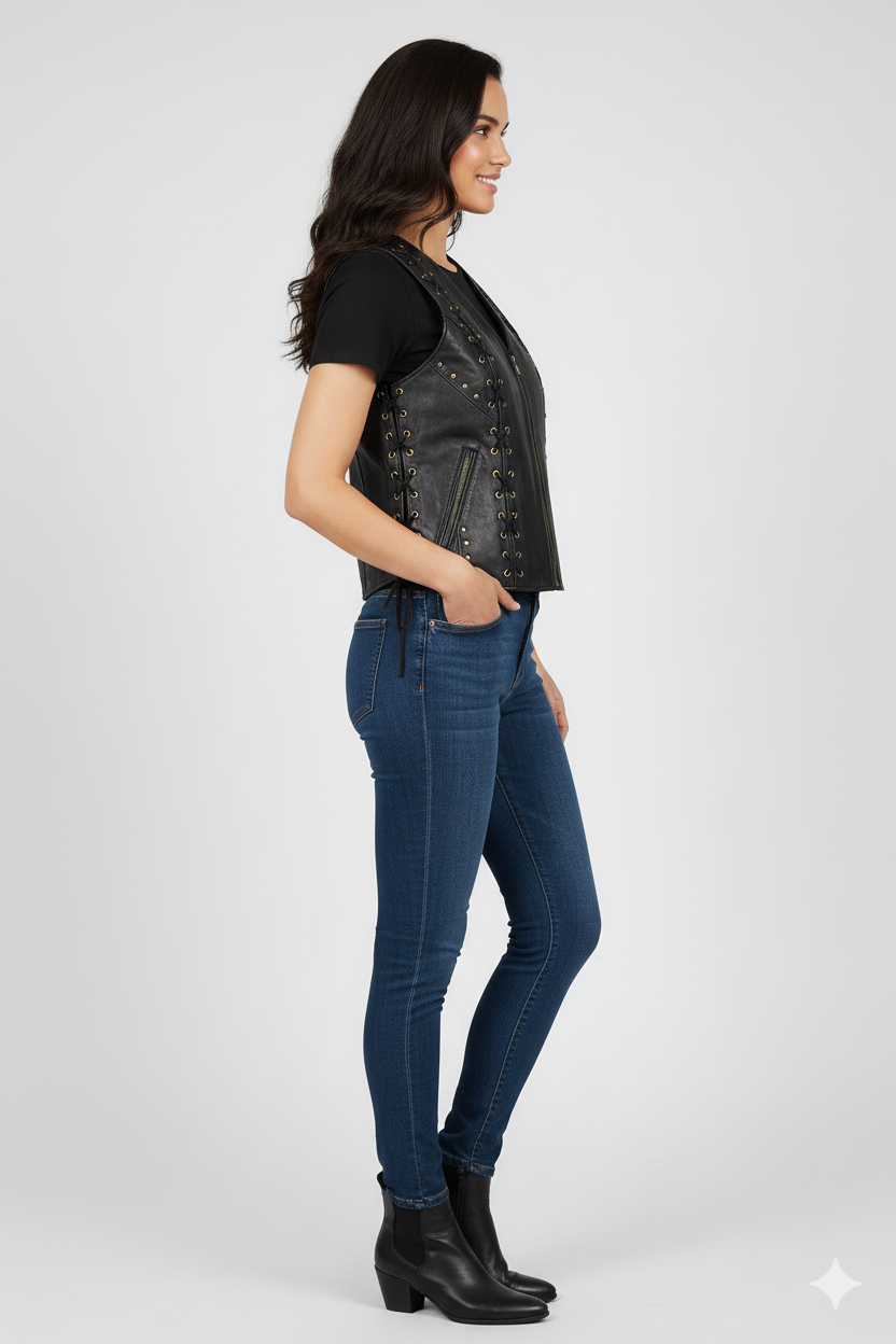 Woman wearing a black shearling vest over a black turtleneck, black skinny jeans, and black ankle boots.