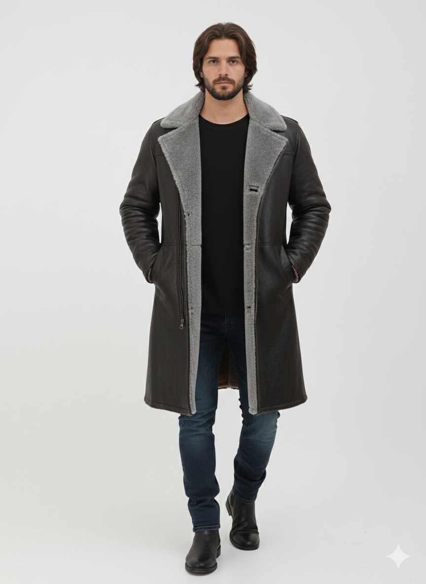 Men's onyx black leather long coat with a charcoal grey shearling lining and oversized lapels.