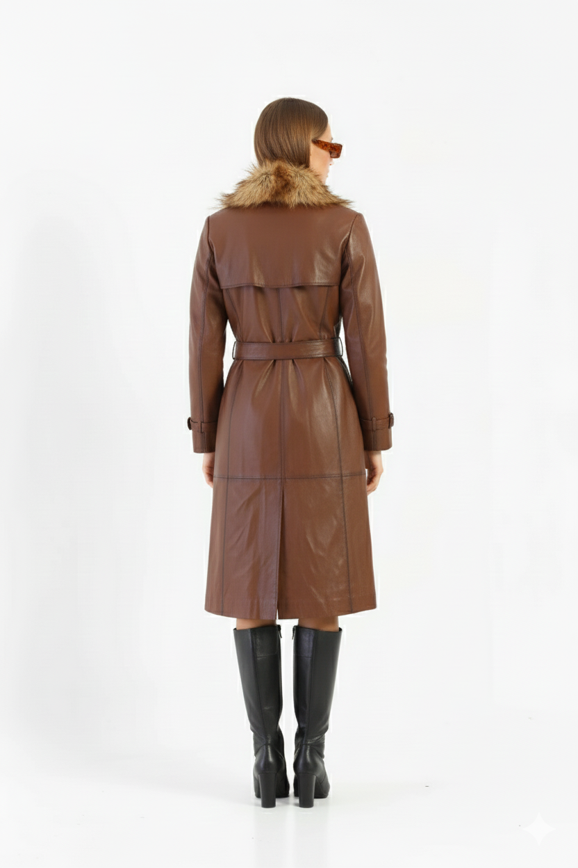 Close-up of the dark rectangular buckle and panel stitching on a premium women's brown leather trench.