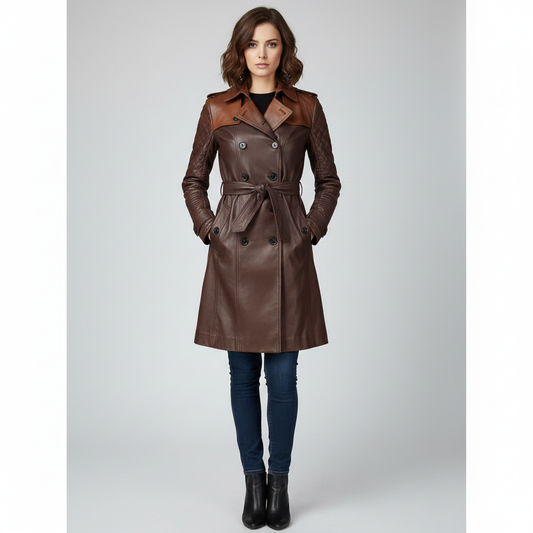 Women's mahogany brown leather trench coat with tonal buttons and a belted waist.