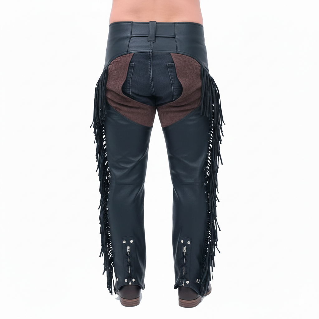 Protective leather overpants for men featuring an adjustable belted waist and traditional fringe.