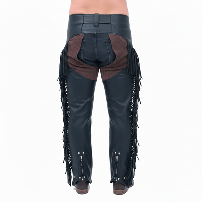 Protective leather overpants for men featuring an adjustable belted waist and traditional fringe.