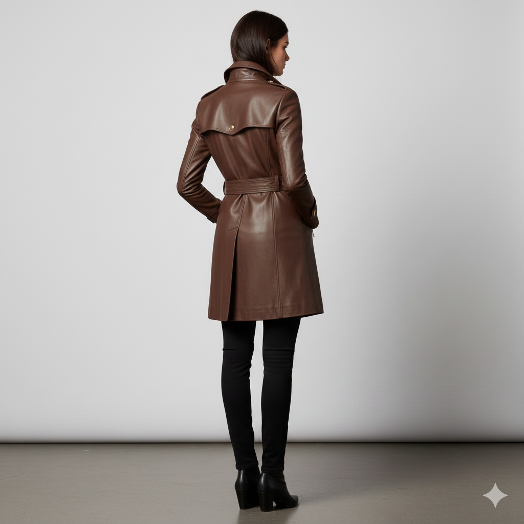 Close-up of the polished gold hardware and smooth chocolate brown leather texture on a luxury women's trench.