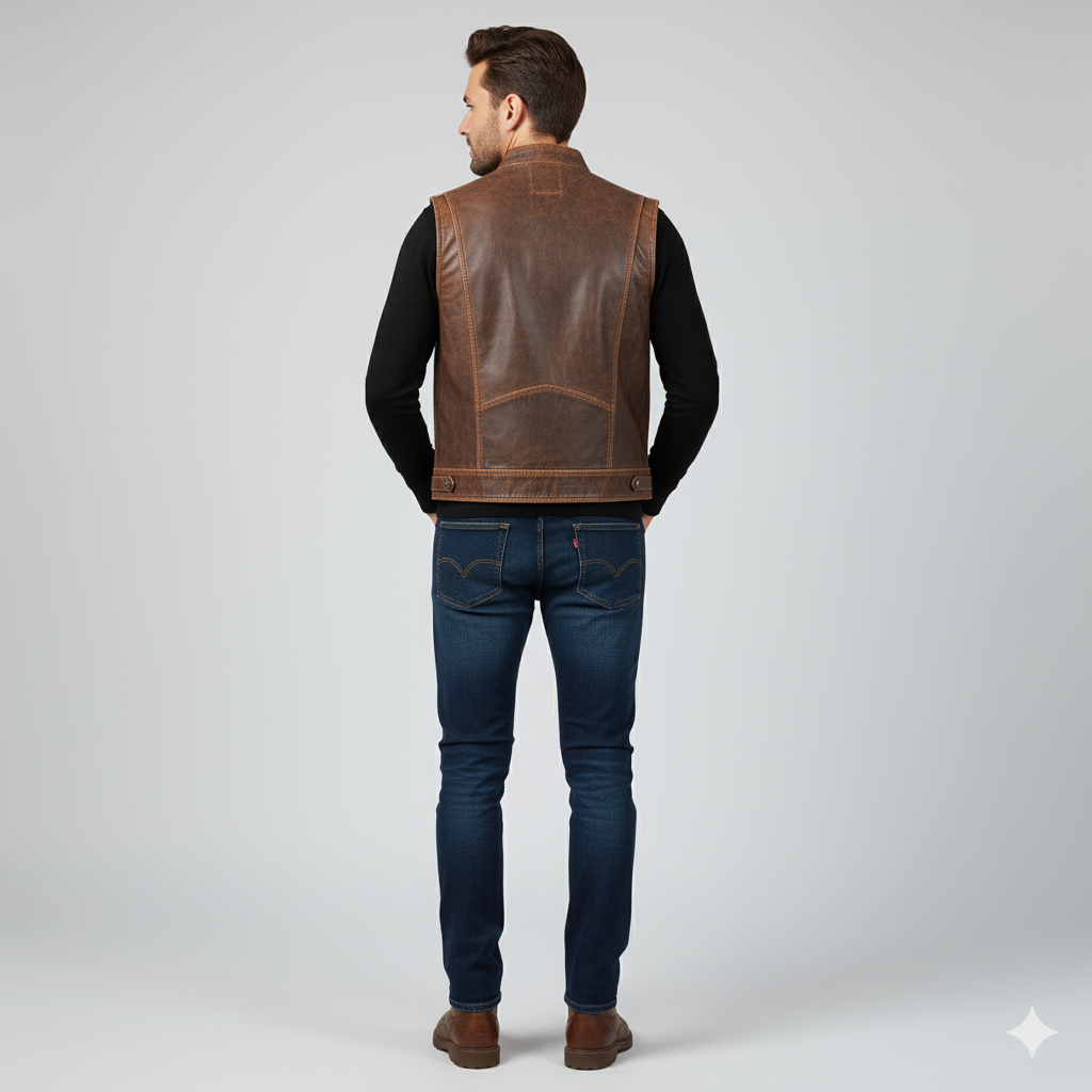 Rugged Western-style leather vest in a distressed finish with contrasting silver snap buttons.