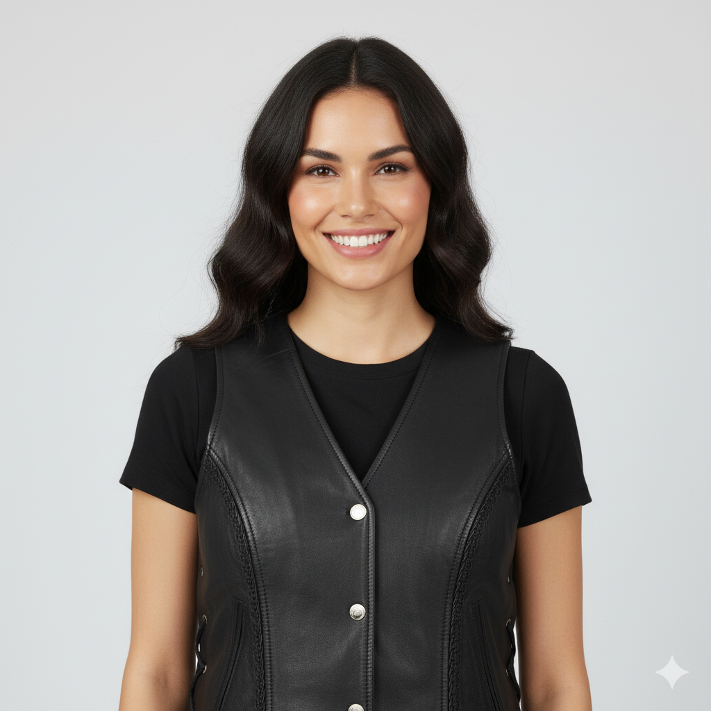 Woman wearing a fitted black leather-look vest over a black t-shirt, dark blue skinny jeans, and black ankle boots.