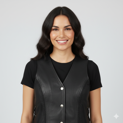 Woman wearing a fitted black leather-look vest over a black t-shirt, dark blue skinny jeans, and black ankle boots.